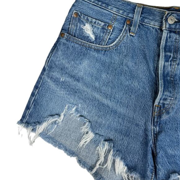 Levi's 501 High Rise Denim Shorts 30 Cut Offs Medium Blue Wash Jean Distressed - Picture 2 of 7
